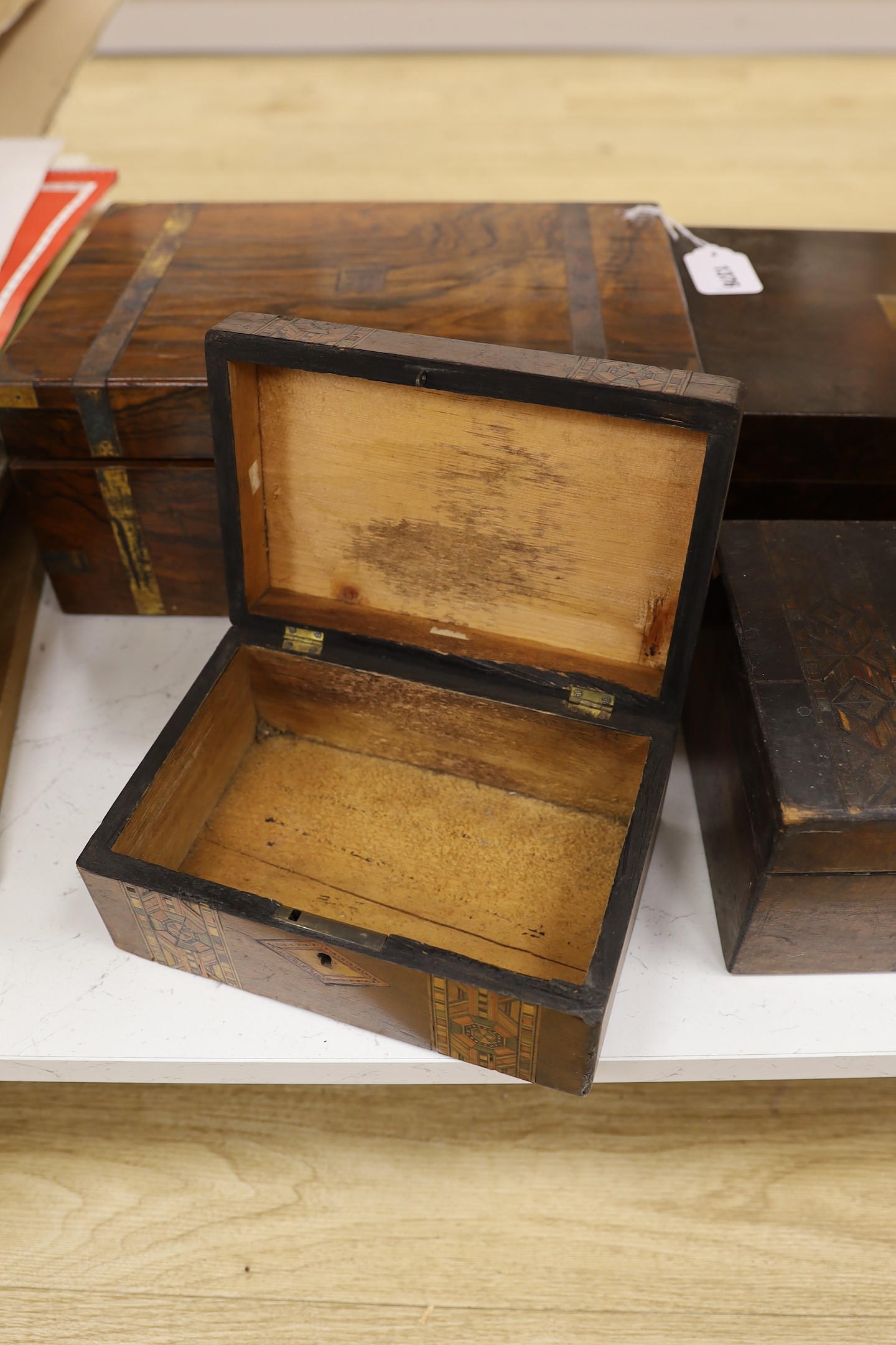 A Victorian rosewood writing slope, a similar smaller one and two boxes